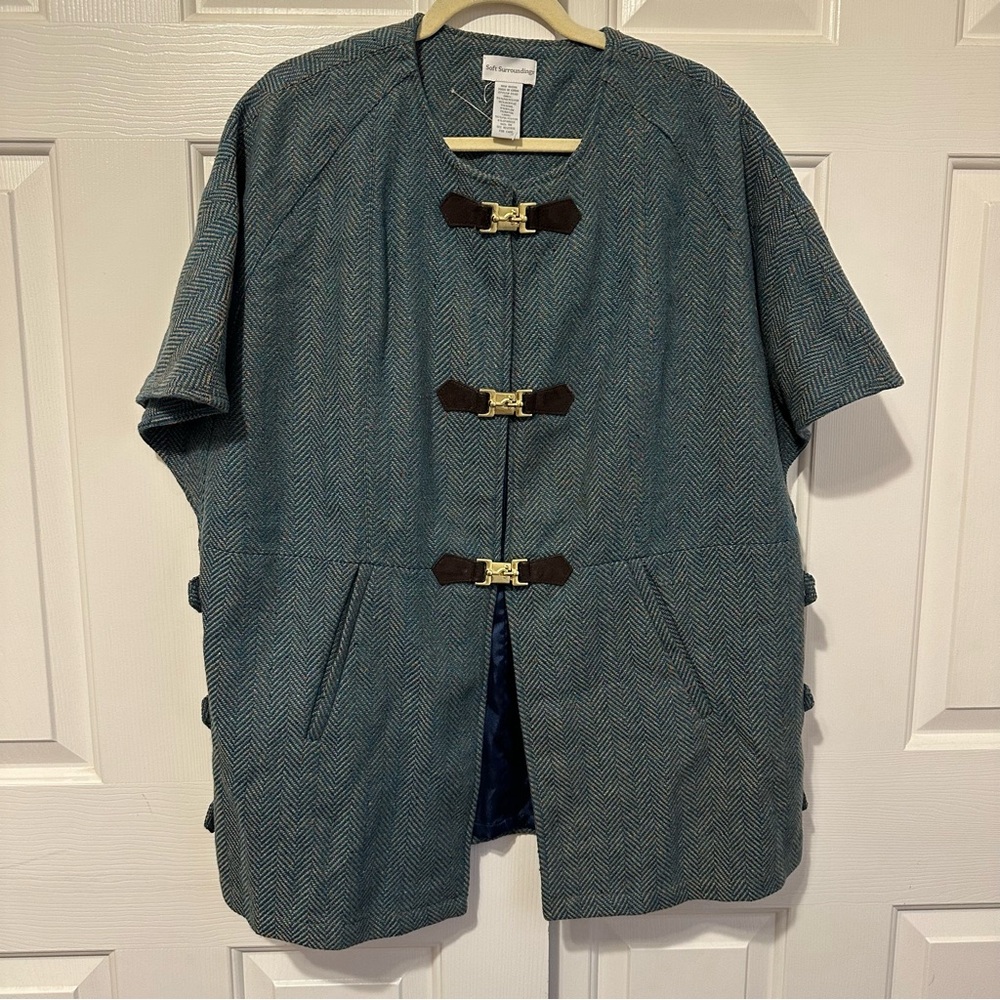 Soft Surroundings Blue Green Herringbone Hampstead Cape Poncho Toggle Coat 1X